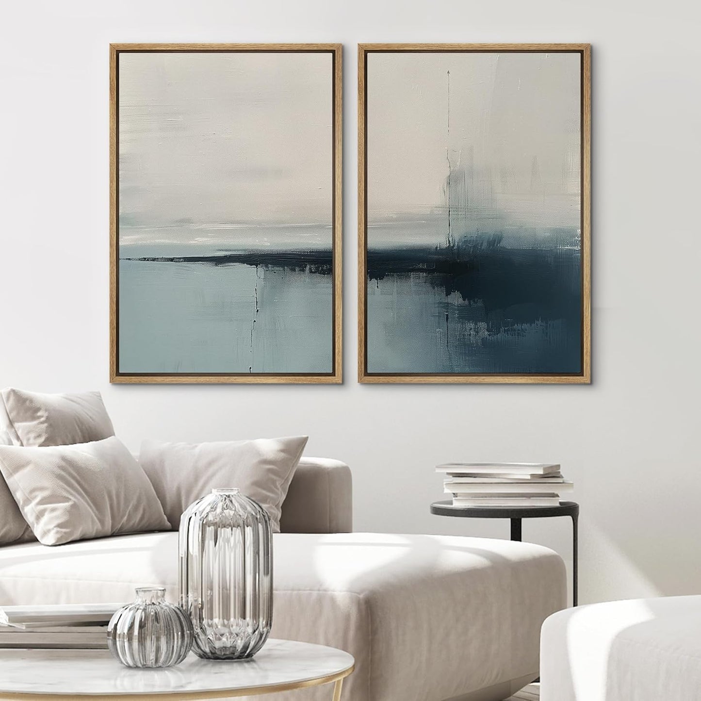 SIGNWIN Framed Canvas Print Wall Art Modern Blue Ocean Coastal Abstract Serene Neutral Tones with Subtle Patterns Illustrations Decorative for Living Room, Bedroom, Office - 16"x24"x2 Natural