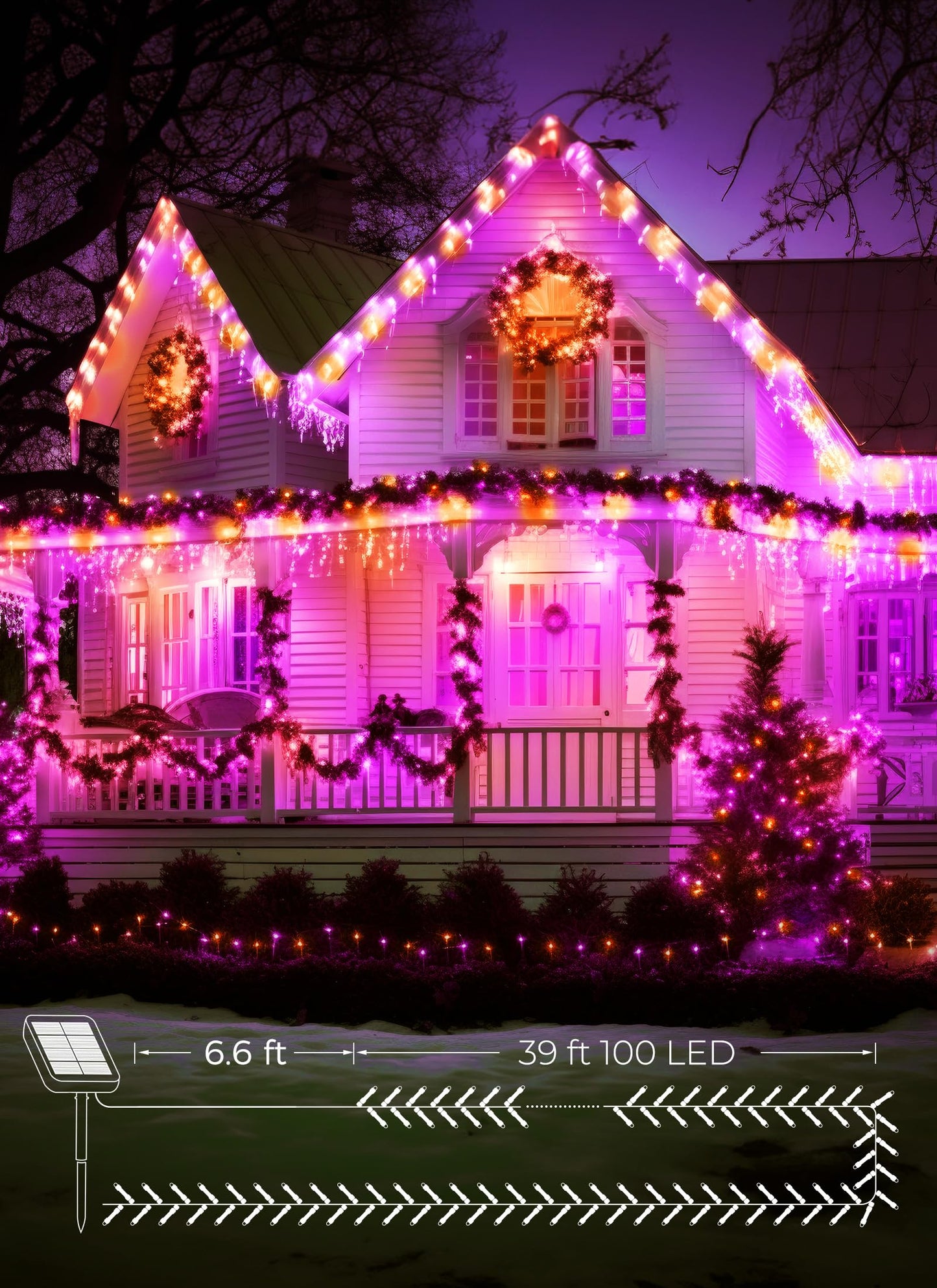 Brightown 100Led Solar String Lights Outdoor  Solar Powered Lights Ip65 Waterproof For Party Garden Yard Home Holiday Tree Decoration Lighting (Orange&Purple  100Led-1Pack)