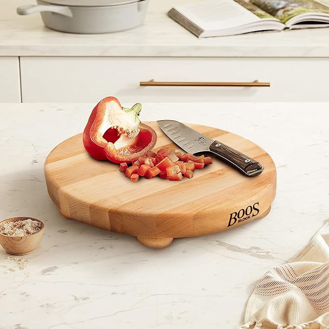 John Boos B Series Round Wooden Maple Cutting Board 12”x12” – 1.5” Thick, 12-lb Non-Reversible Butcher Block with Wood Bun Feet & Edge-Grain