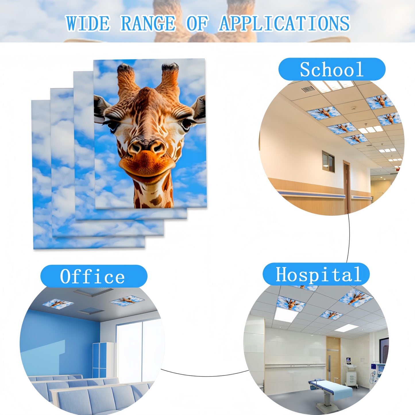 Scwisoas 4 Pack Fluorescent Light Covers For Ceiling Lights Classroom Office Magnetic Light Covers Light aroma units For Home Drop Ceiling Decoration 4 X 2 Feet Giraffe