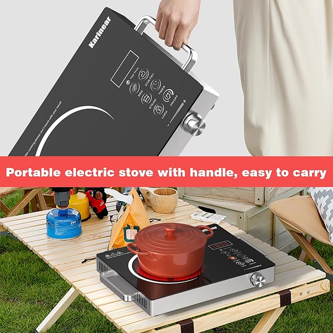 Karinear Portable Electric Stove 110V, 1800W Electric Hot Plate with Handle, Knob Control Single Burner Electri Cooktop, Ceramic Infrared Countertop Burner, Timer, Safety Lock