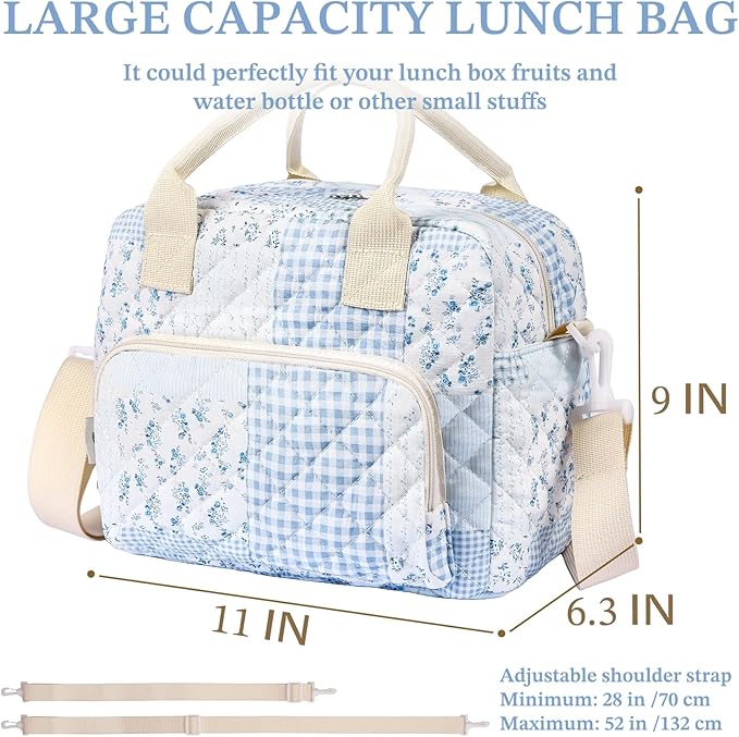 Quilted Lunch Box for Women,Large Blue Floral Insulated Lunch Bag for Adult,Cute Lunch Tote Bags for Work Picnic Travel(green blue pin,M)