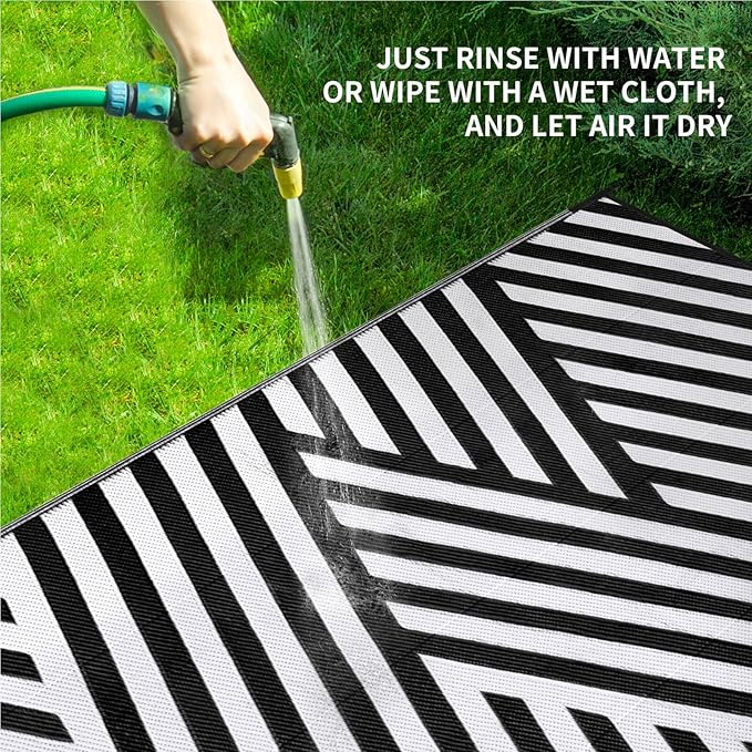 Outdoor Patio Plastic Straw Rug - 9'x12' Outdoor Camping Rug Waterproof Reversible, Area Carpet Patios Clearance RV, Outside Porch Balcony Deck for Camper, White & Black