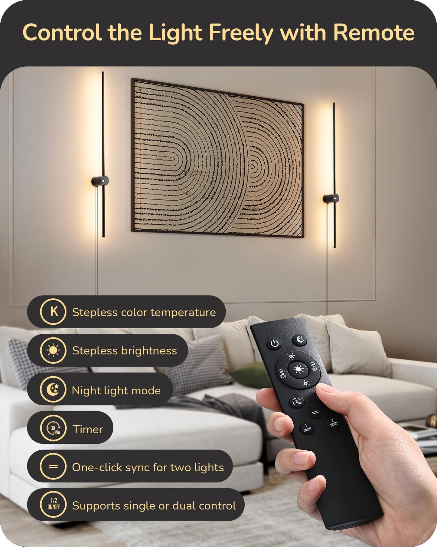Edishine Plug In Wall Sconce Set Of Two  Stepless 2700K-6000K Dimmable Led Wall Lights  350 Rotation 39.4 Touch Wall Sconce With Remote  Timer  Night Light Mode For Living Room Bedroom Hallway