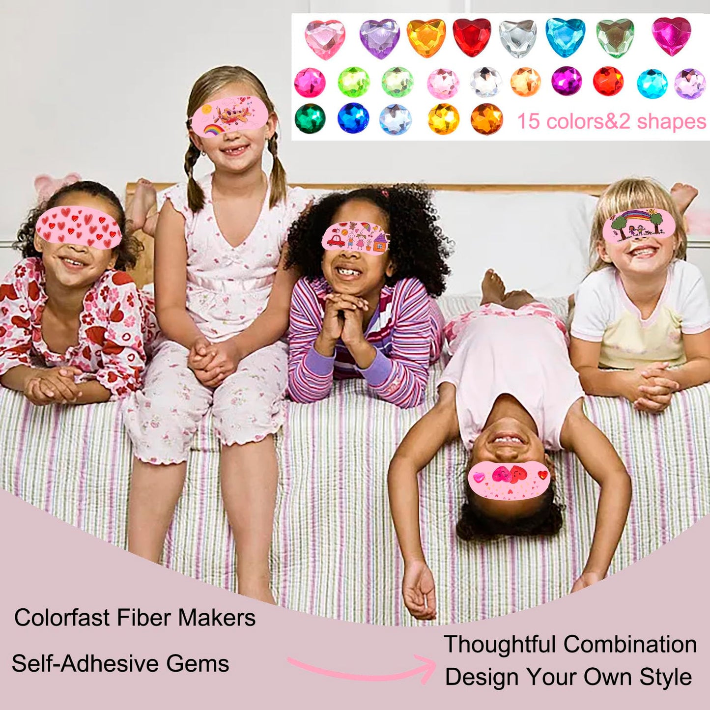 22 PCS Sleepover Party Supplies, 12 PCS Sleep Eye Masks Blindfold Slumber Eye Covering with 2 Sheets Self-Adhesive Heart Rhinestones Gems&8 PCS Fabric Marker Pens, Pink