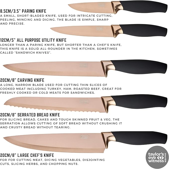 5pc Kitchen Knife Set & Block - Brooklyn by Taylors Eye Witness. Rose Gold Coloured Bolsters, Finely Ground Razor Sharp Titanium Coated Matching Blades. Soft Grip Handles. Modern Fan Shaped Holder.