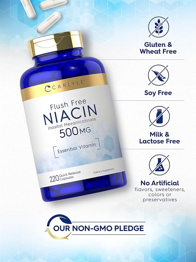 Carlyle Niacin Flush Free 500mg | 220 Capsules | Non-GMO and Gluten Free Essential Vitamin