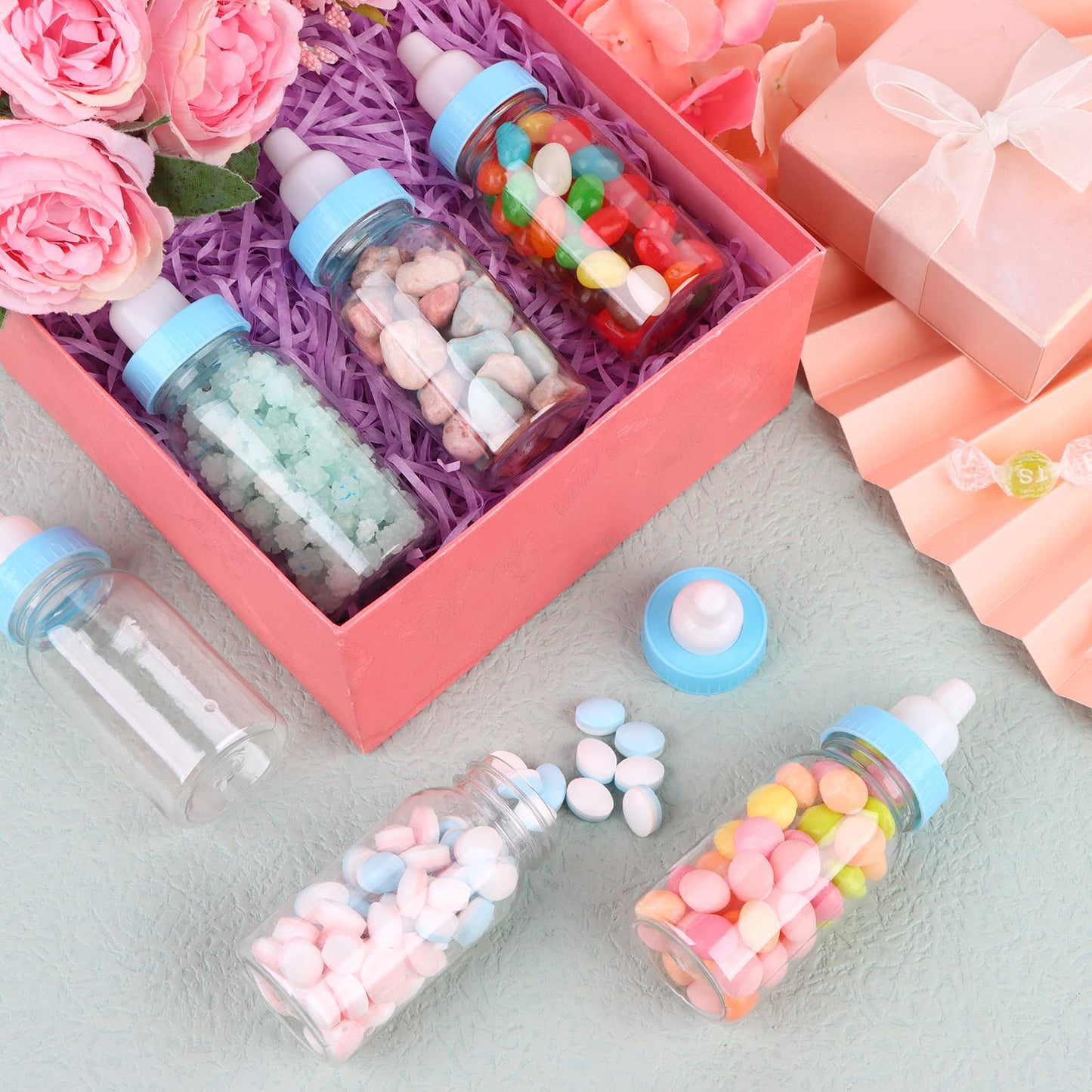 PINKXHY 60 Pcs 4.5 Inch Baby Mini Milk Bottle Baby Shower Favor Fillable Feeding Bottle Candy Box Small Plastic Candy Container DIY Gift for Boy Girl Newborn Baptism Party Decor (Blue)