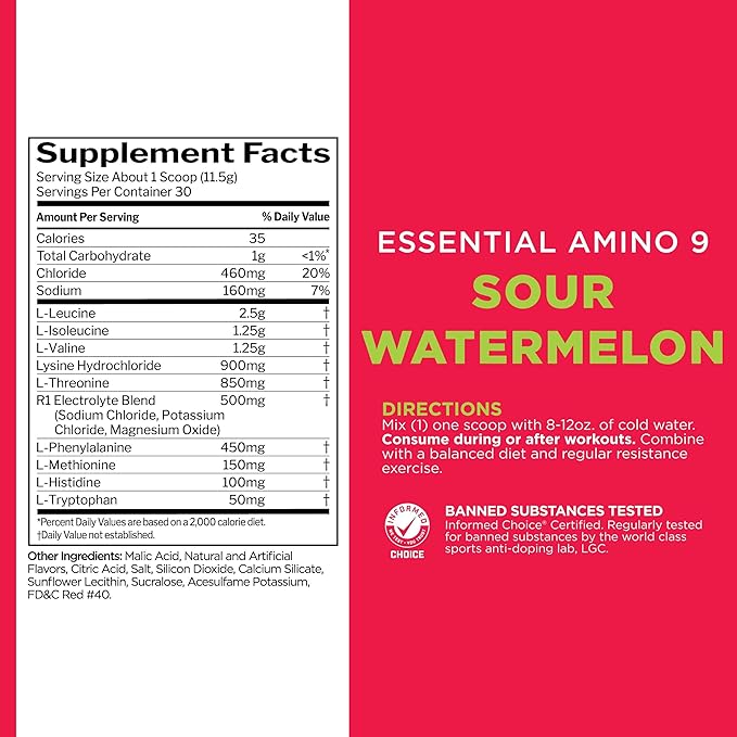 Rule 1 Essential Amino 9 – Recovery & Hydration Support with 7.5g of Essential Amino Acids + Electrolytes (30 Servings, Sour Watermelon)
