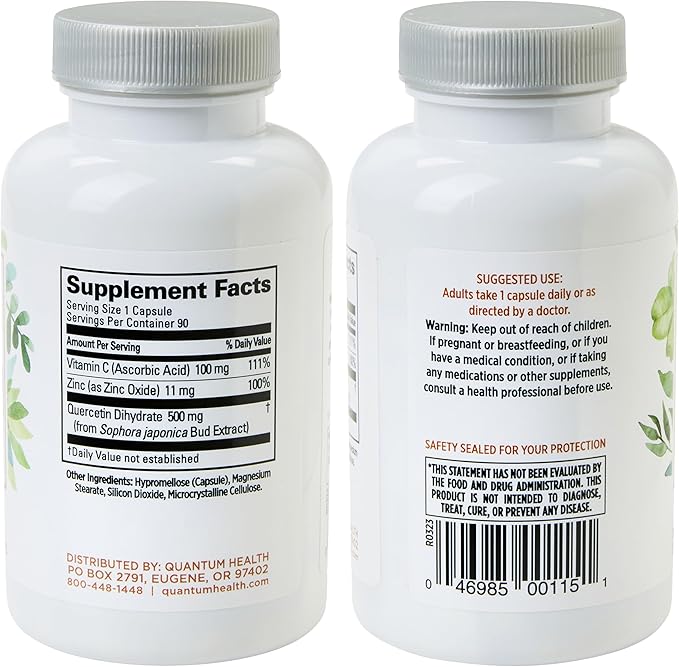 Quantum Health Quercetin+ 500mg Powerful Immune Support Supplement with Zinc 11 mg & Vitamin C 100 mg - Seasonal Immunity Boost, Respiratory Health & Gut Support Complex for Women & Men - 90 Capsules