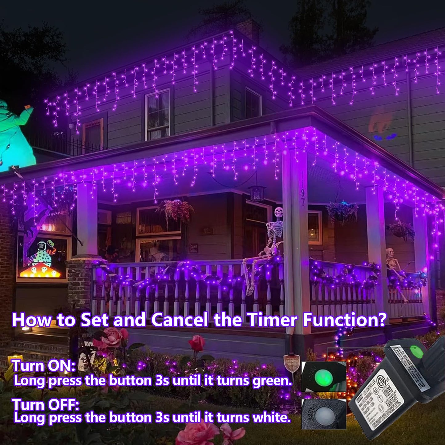 YEGUO 33ft Purple Icicle Christmas Lights, 400 LED, Waterproof, 8 Modes, Model JT-EL/FC300V0200-C