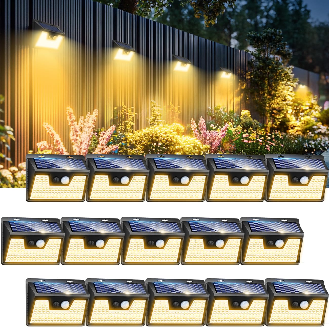 Peasur Solar Outdoor Lights 140 LED Motion Sensor 3 Modes 15 Pack Black-Warm Waterproof for Garden Yard