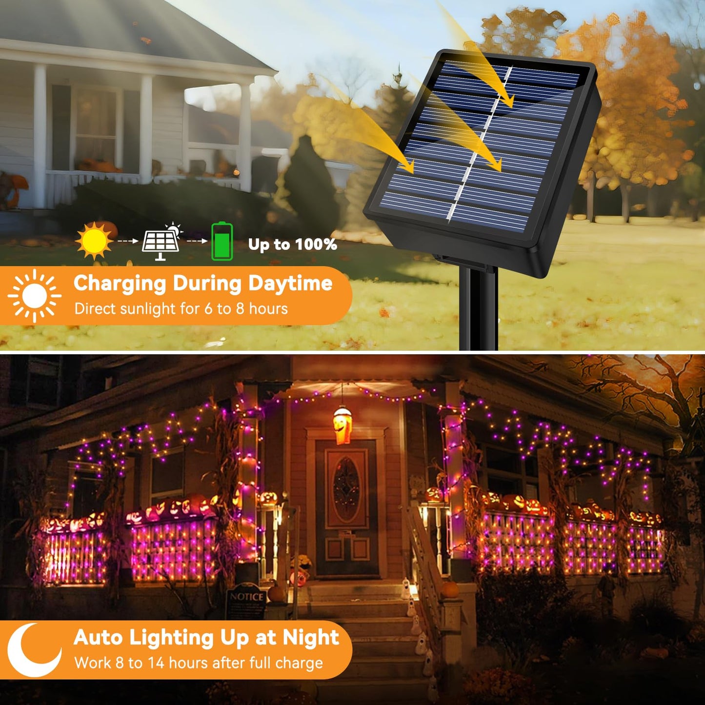 Solar String Lights Outdoor Waterproof 2 Pack Total 66Ft 200Led 8 Modes Twinkle Lights Solar Fairy Lights For Patio  Garden Yard Party Tree Christmas Halloween Decoration  Orange + Purple
