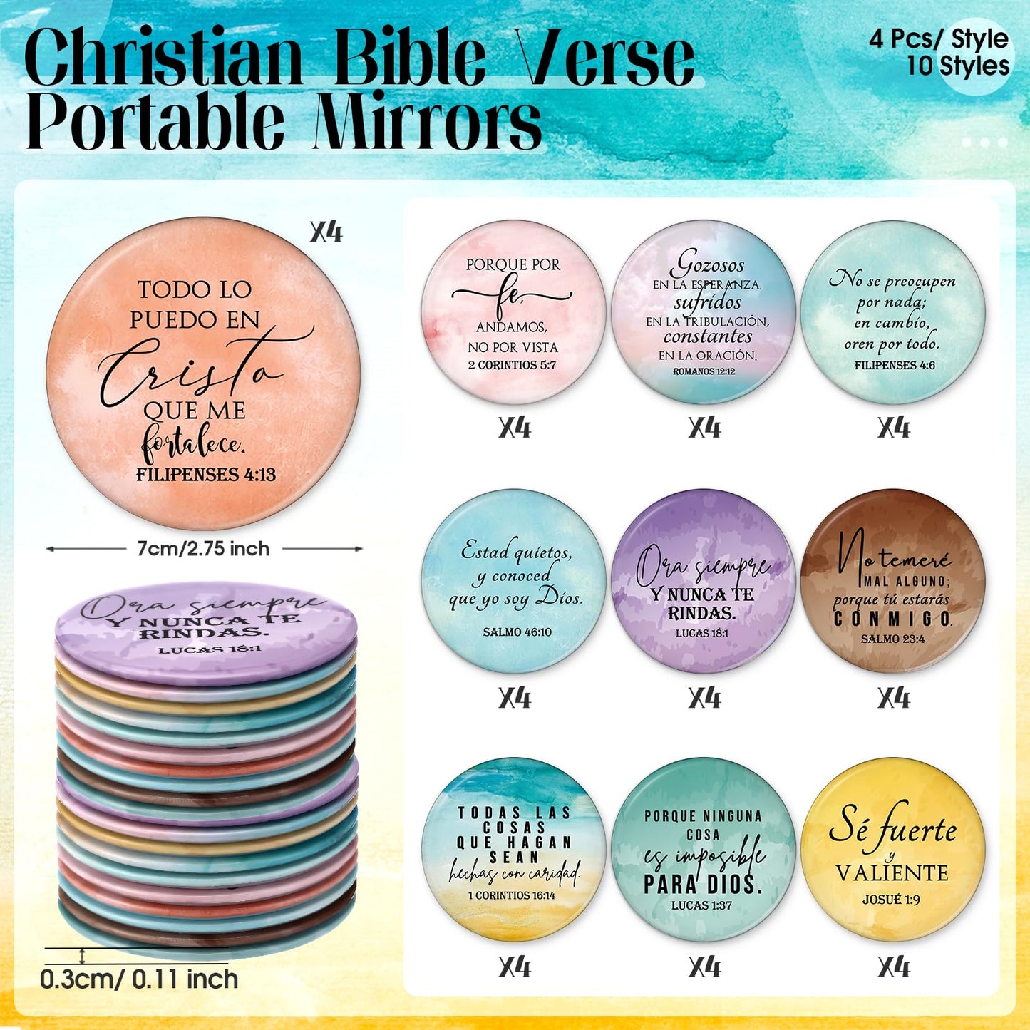 GlikCeil 40 Pcs Mini Bible Verse Compact Mirrors Bulk Religious Christian Gifts Watercolor Theme Pocket Mirrors Portable Small C