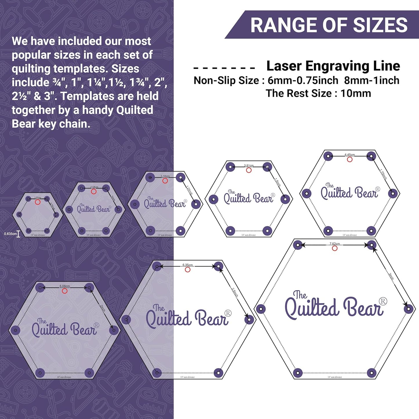 The Quilted Bear Heart Quilting Templates – 8 Clear Non-Slip Acrylic Quilt Templates for Precise Fabric Cutting & Stress-Free Machine Quilting - Ideal for Quilt & Sewing Supplies (¾–3")
