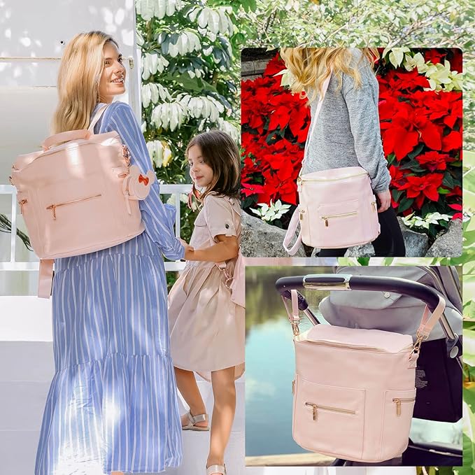 miss fong Pink Diaper Bag Backpack Baby Diaper Bag, Large Leather Diaper Backpack with 16 Pockets Travel Diaper Bag with Diaper Changing Pad,Pink Baby Backpack Stroller Straps & 2 Insulated Pockets