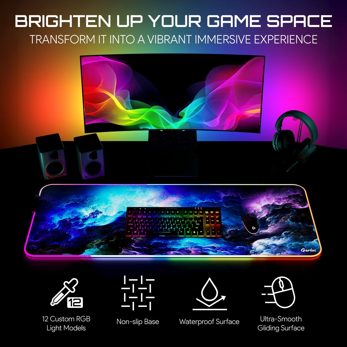 Gerlos RGB Large Gaming Mouse Pad, Extended Soft LED Mouse Pad, Non-Slip Rubber Base, Water Resist Keyboard Pad, Gaming Mousepad 31.5×11.8 inches