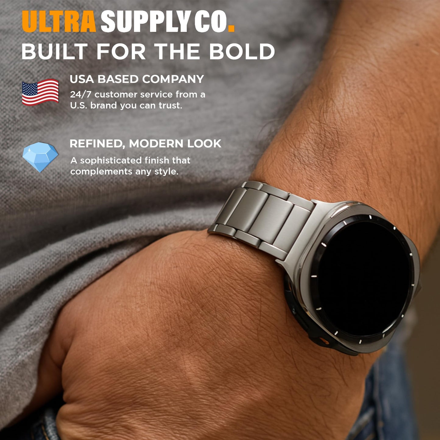 Ultra Supply Co. Titanium Band Compatible with Samsung Galaxy Watch Ultra 47mm - Grade 2 Metal Strap with Folding Buckle and Scratch-Proof DLC Coating, Waterproof, One Size Fits All - Titanium Gray