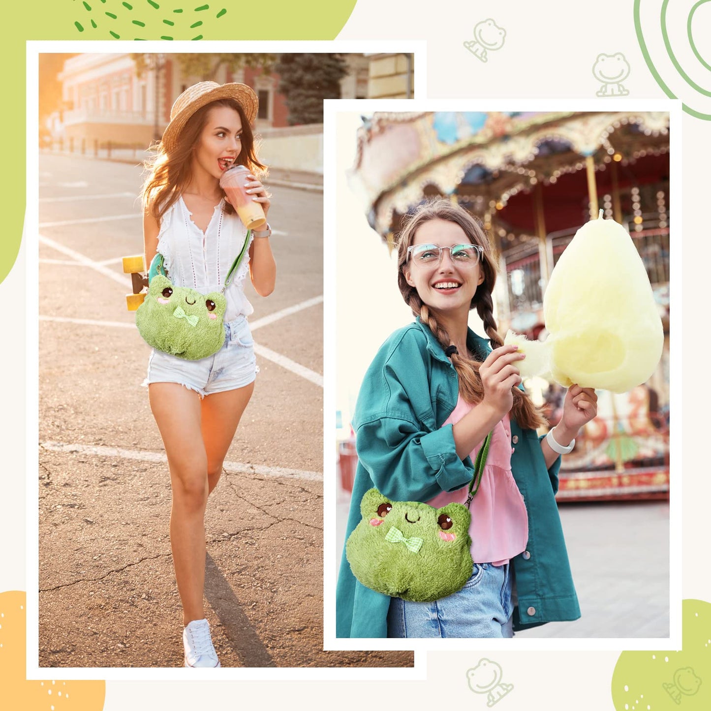Crossbody Bag Cute Plush Purse Backpack Kawaii Wallet Girls Cartoon Animal Lolita Bag with Chain Strap (Frog)
