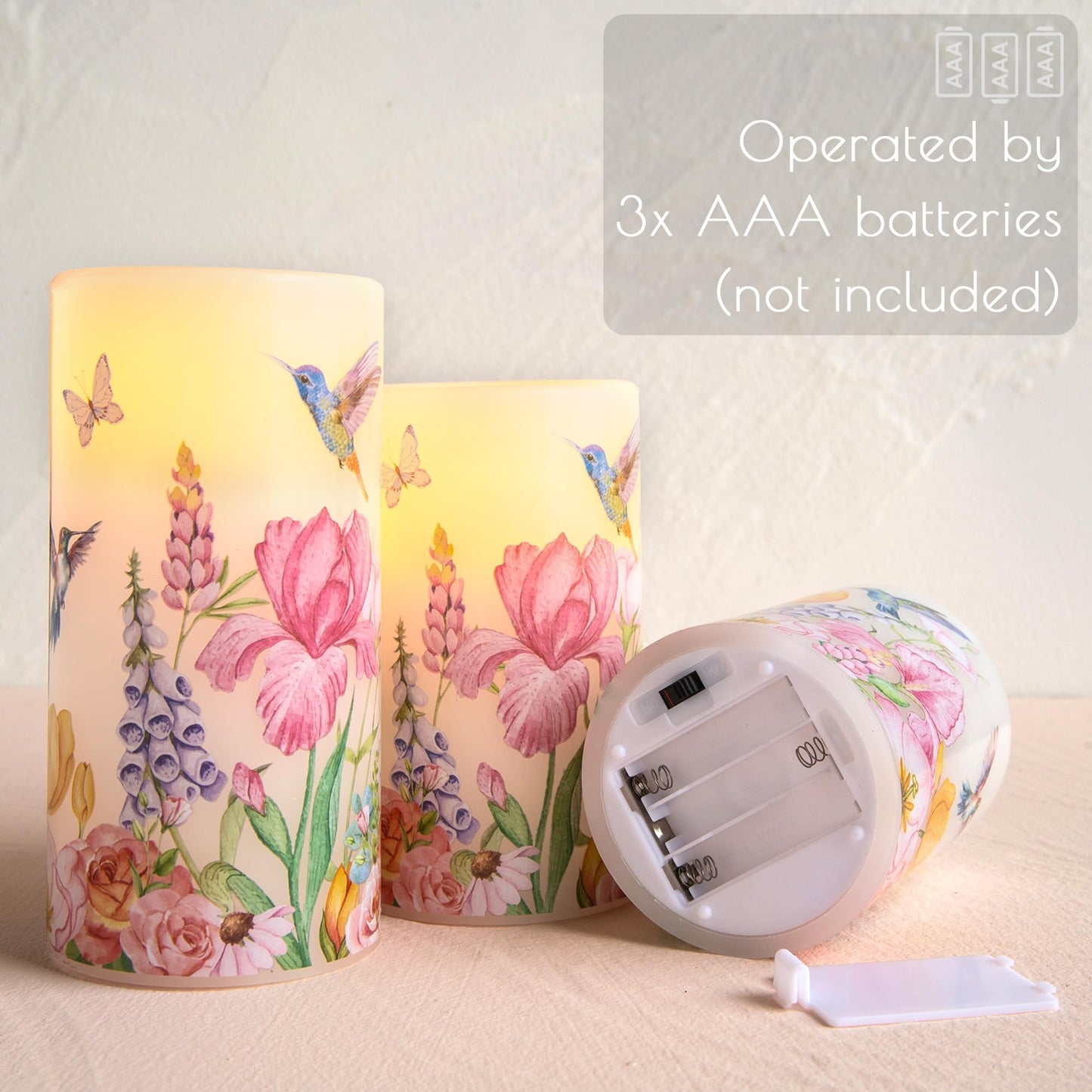 LUSHARBOR Flameless Candles with Remote, Battery Operated Candles Real Wax Hummingbird Flickering LED Candles Floral Christmas Decor Electric Pillar Candles Set of 3