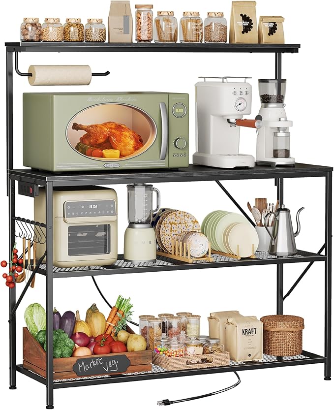 Huuger 4-Tier Bakers Rack with Reversible Power Outlet, 39.4 Inch Microwave Stand, Kitchen Bar, with Top Shelf, 6 S Hooks, White