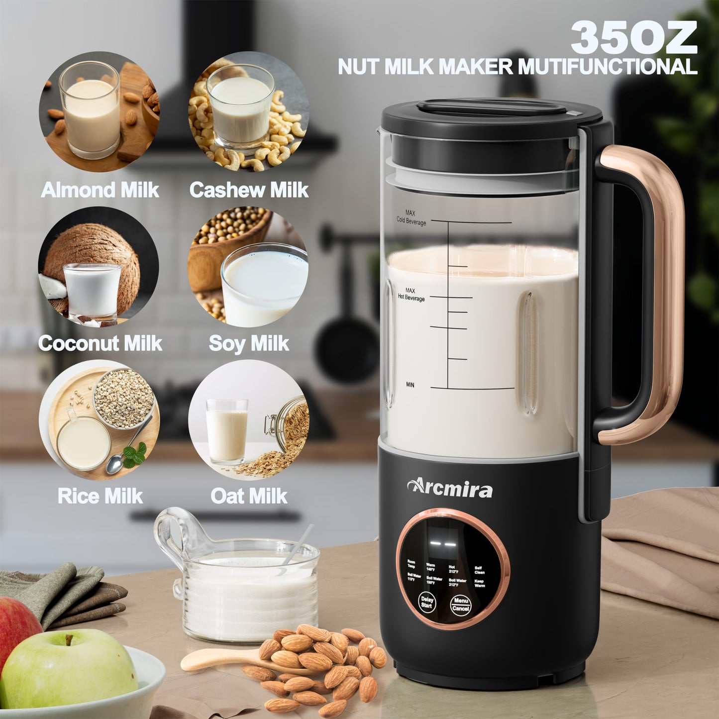 8 in 1 Automatic Nut Milk Maker, 10 Blade 35 oz Homemade Oat, Soy, Plant-Based and Dairy Free Beverages, Almond Milk Maker with Delay Start/Keep Warm/Boil Water, Soy Milk Maker with Nut Milk Bag