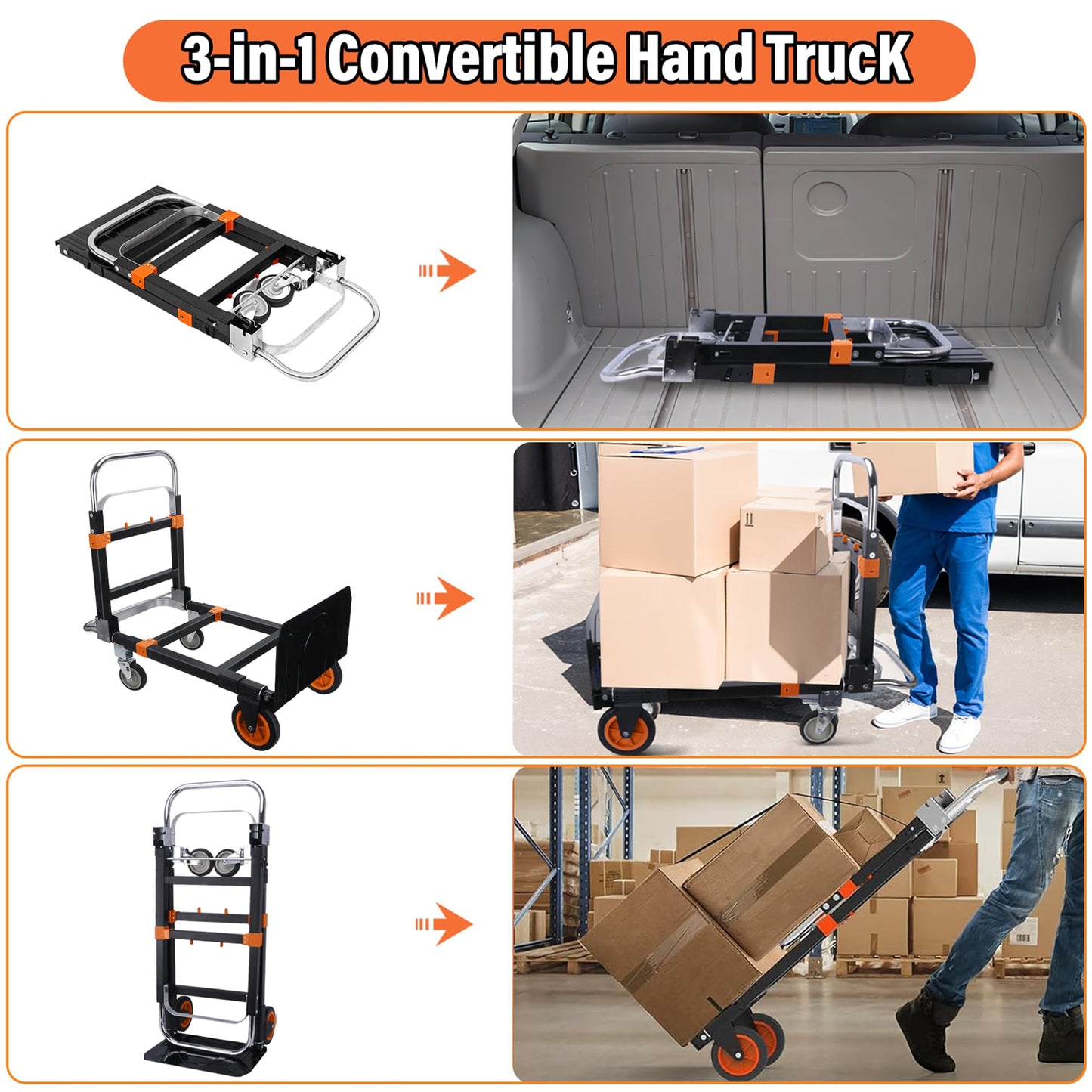 Upgraded 3 in 1 Folding Hand Truck, 500lbs Capacity Heavy Duty Convertible Dolly cart with Rubber Wheels, Collapsible Hand Truck Foldable with Telescopic Handle, Trolley for Moving, Office, Warehouse