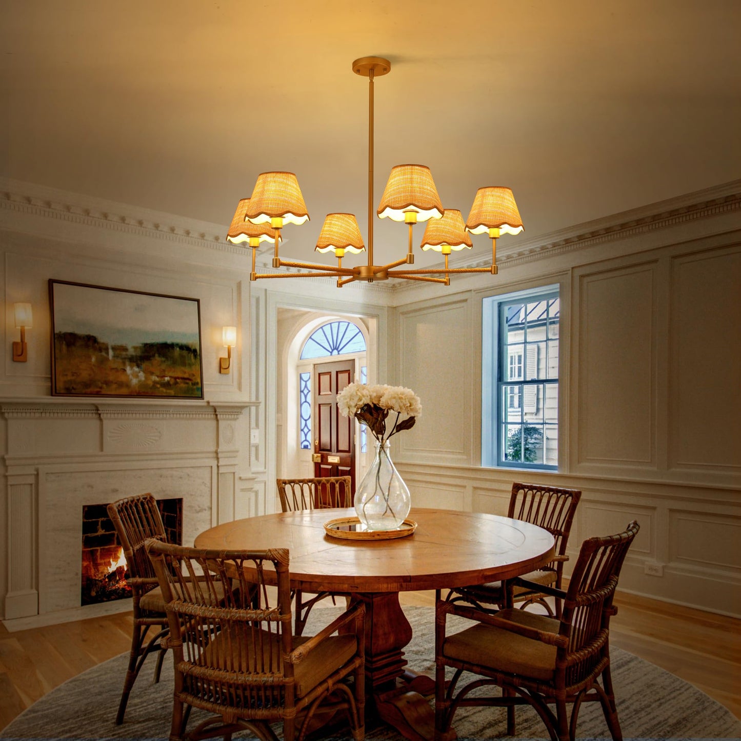 Zxfdwb Farmhouse Rattan Chandelier Light Fixture  6-Light Boho Chandeliers For Dining Room  Adjustable Rustic Pendant Light Large Modern Gold Hanging Lighting For Kitchen Island  Living Room