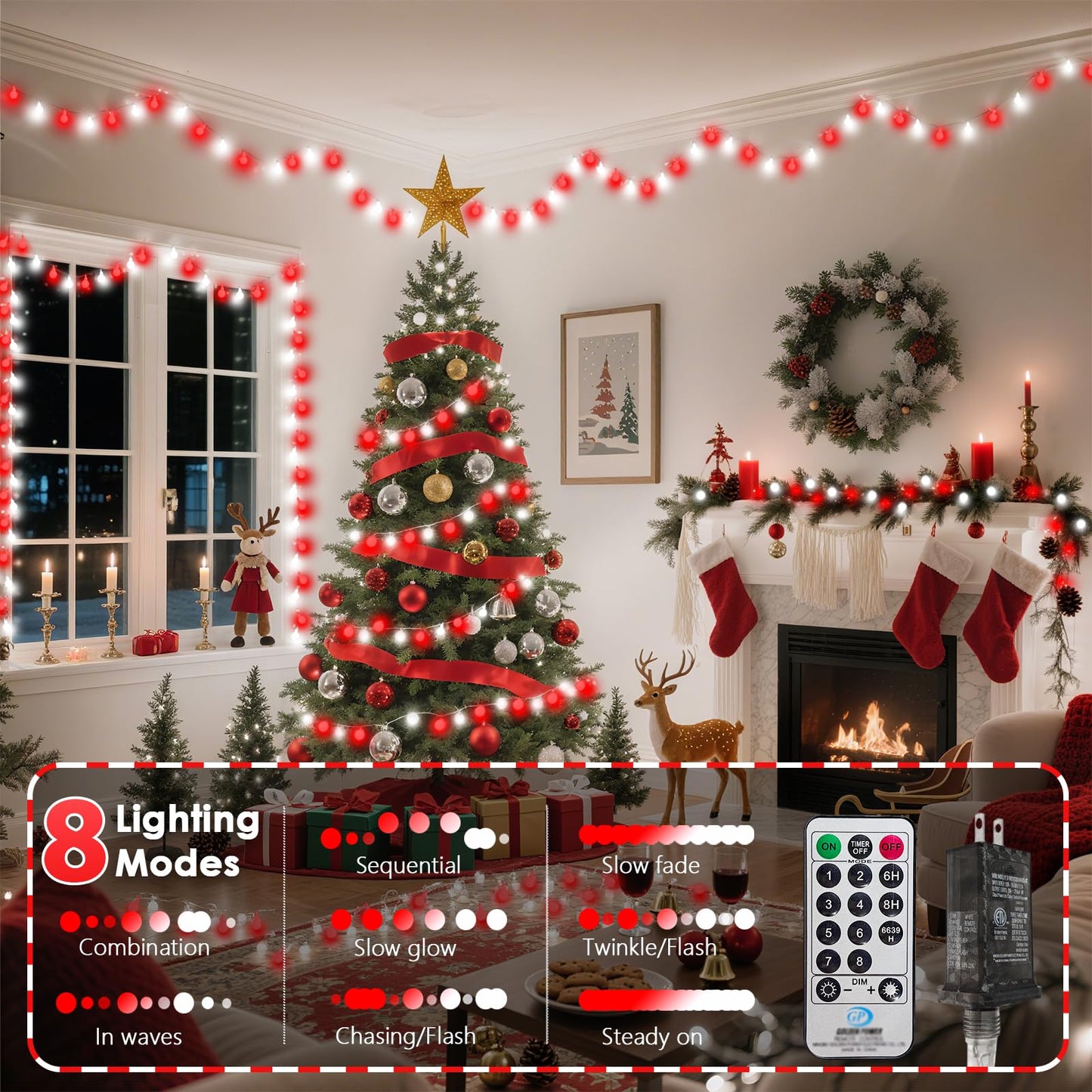 43Ft 100Led Connectable Christmas String Lights Indoor Outdoor - Red And White Fairy Lights Plug In With Remote & 8 Modes  Globe Twinkle Light For Christmas Decorations Bedroom Room Tree Party