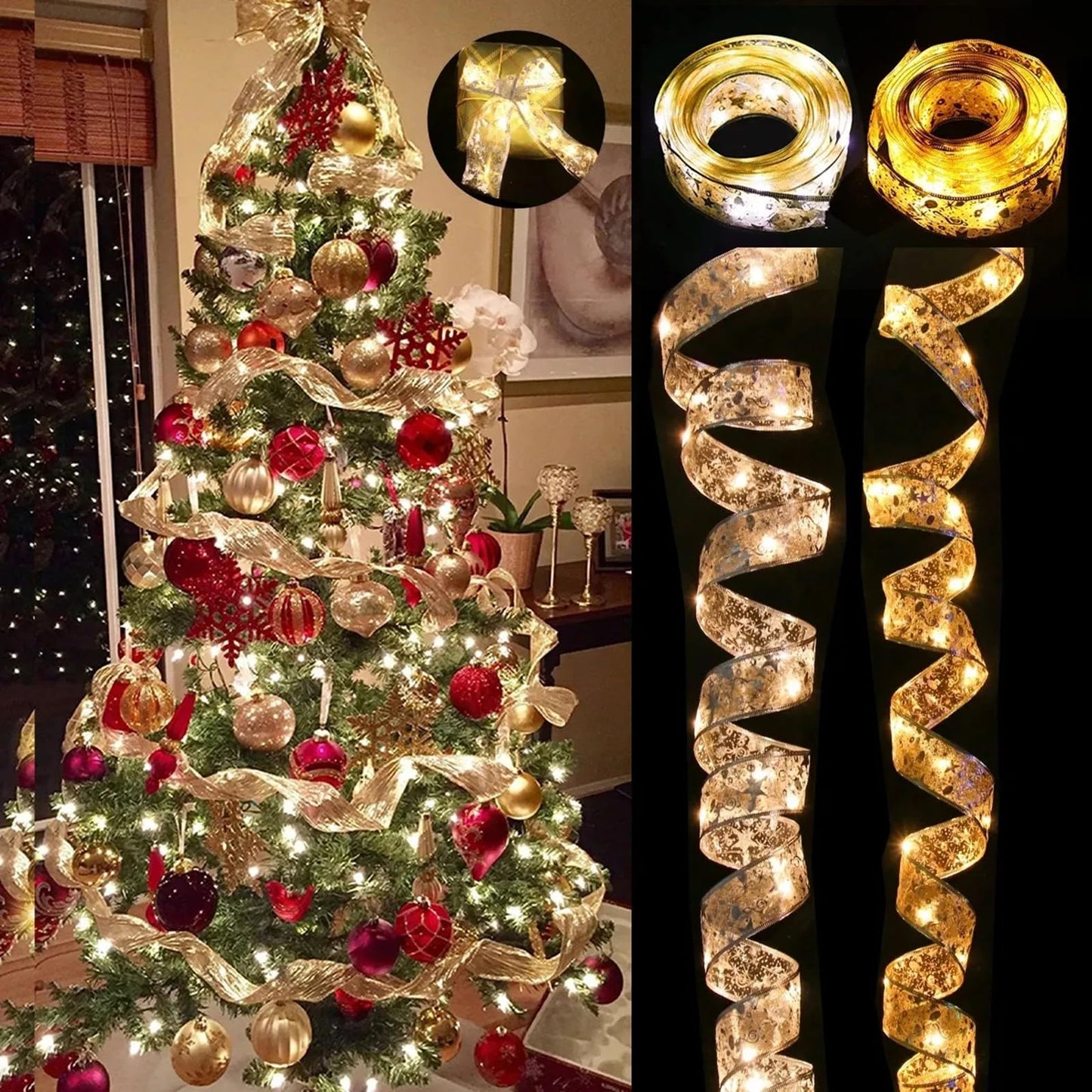 Zjhgdr Christmas Ribbon Fairy Lights  Copper Wire White String Lights Glitter Gold Ribbon Lights 2.5Inch X16.4Ft 50 Leds Battery Operated Fairy String Lights For Xmas Tree Indoor Decorations