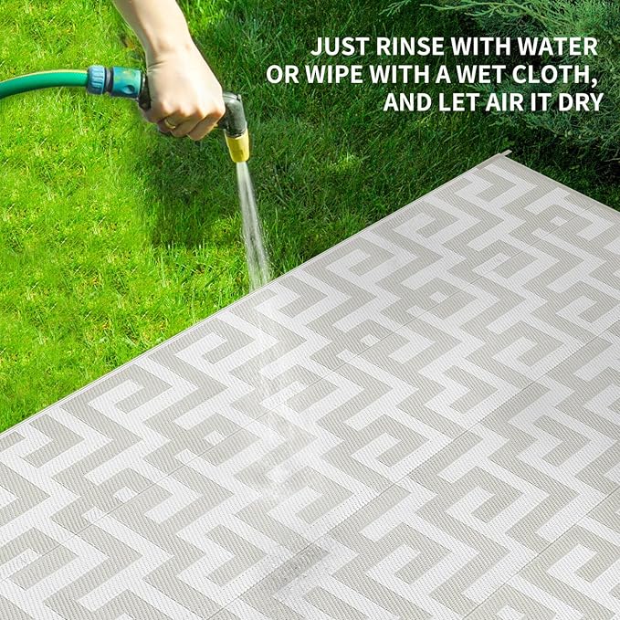 Outdoor Patio Plastic Straw Rug - 4'x6' Outdoor Camping Rug Waterproof Reversible, Area Carpet Patios Clearance RV, Outside Porch Balcony Deck for Camper, Grey & White