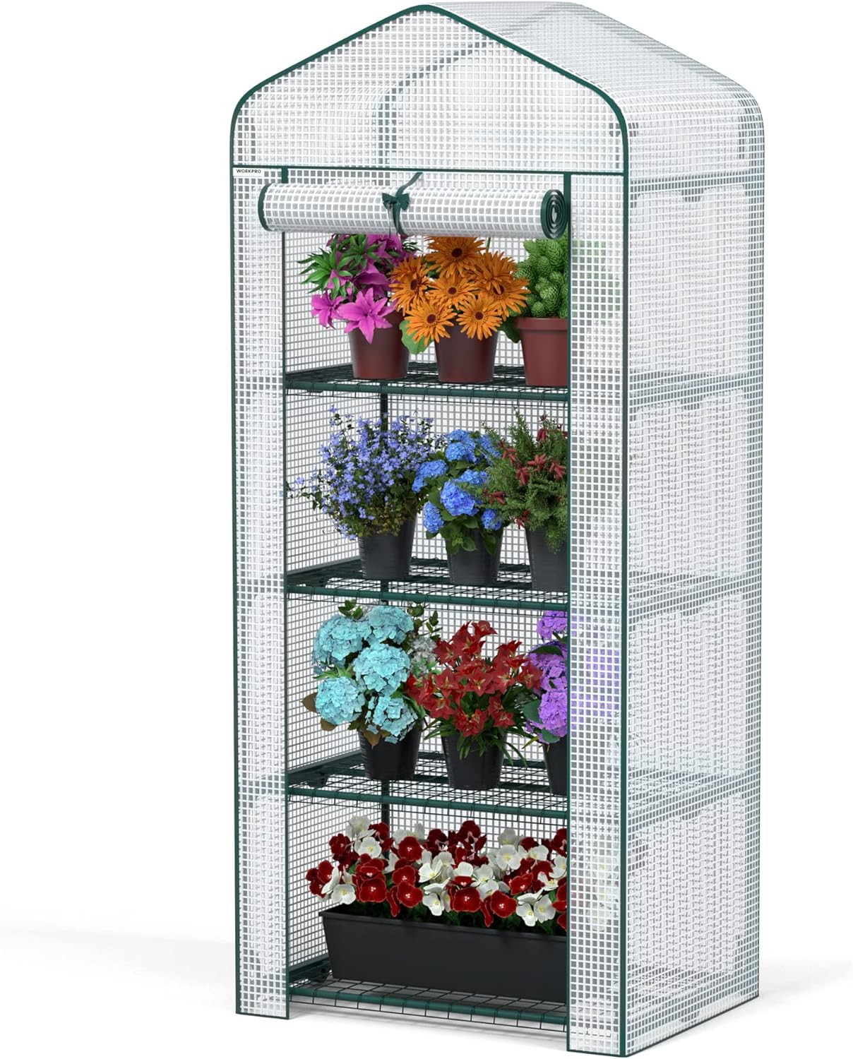 WORKPRO Mini Greenhouse, 4-Tier Portable Small Greenhouses for Outdoor Indoor with Shelves and Thicken PE Cover, White - 27" L x 19" W x 63" H, Ideal Gardening Gifts for Women Men
