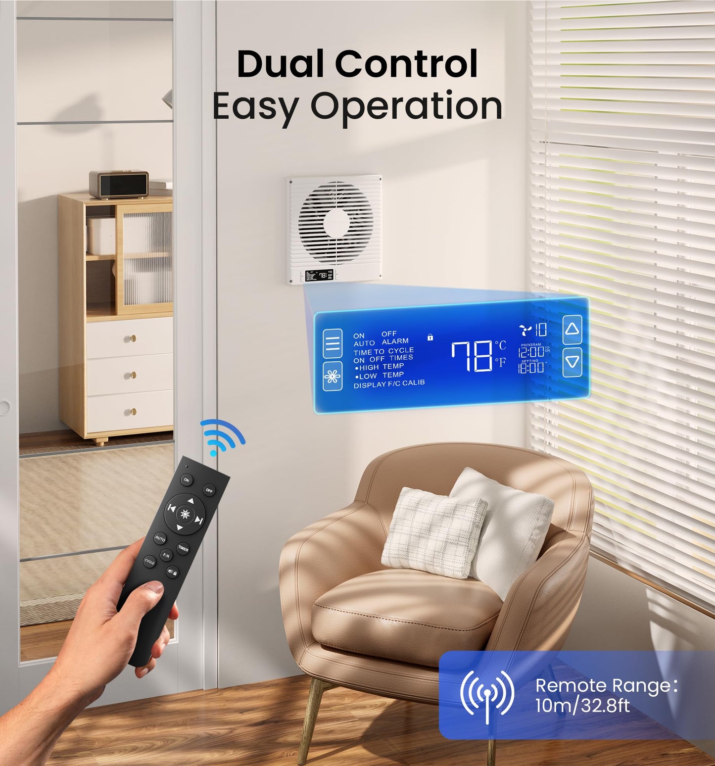 KOVIET 8" Room to Room Ventilation Fan with Remote, Quiet Reversible Through the Wall Air Transfer Fan, 10-Speed Smart Exhaust Vent, Temperature Control, ETL Certified for Bedroom, Kitchen, Laundry