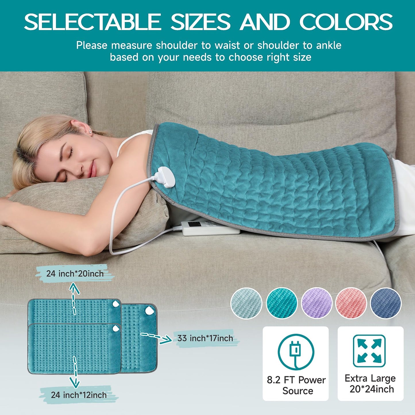 Heating Pad for Back Pain & Cramps Relief, Electric Heating Pad for Neck/Shoulders/Legs/Arms/Knee, 6 Heat Settings, 4 Timer, Auto Off, Machine Washable, Gifts for Men Women(Cyan, 20''x24'')