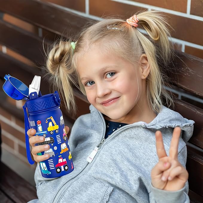 Kids Water Bottle, GOPPUS 14 oz Insulated Water Bottle with Straw, Double Vacuum Leakproof, BPA Free, for Boys and Girls, Blue Construction Truck