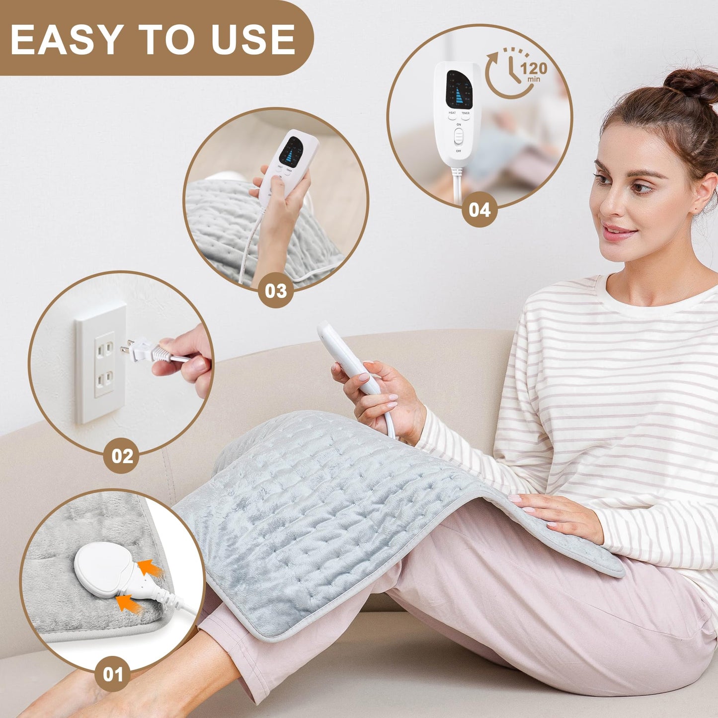 Deepsoon Heating Pad,Electric Heating Pads for Back,Neck,Abdomen,Moist Heating Pad for Shoulder,Knee,Arms,Legs,Dry/Moist Heat & Auto Shut Off,Christmas Gifts for Men and Women,Light Gray,24x20 Inch