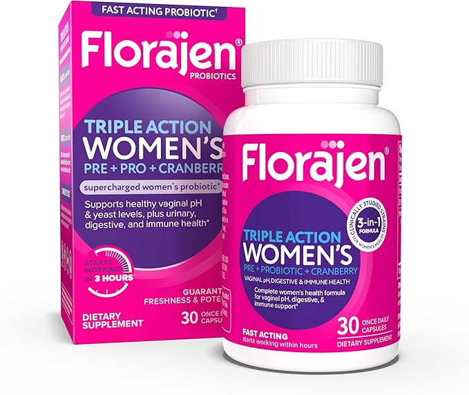Florajen Women’s Triple Action Probiotic – Prebiotic + Probiotic + Cranberry for Vaginal, Digestive & Immune Support – Fast-Acting, Clinically Studied, Gluten-Free & Vegan, (30 Count)