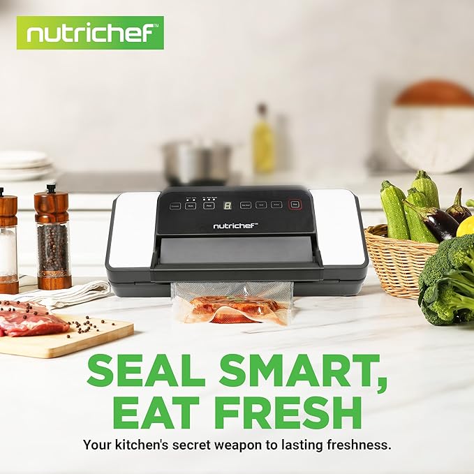 Nutrichef Automatic Food Vacuum Sealer with Double Sealing Function, Electric Air Sealing System for Dry, Liquid & Moist Foods, Reduces Food Waste, Preserve Freshness of Proteins, Fruits, Vegetables