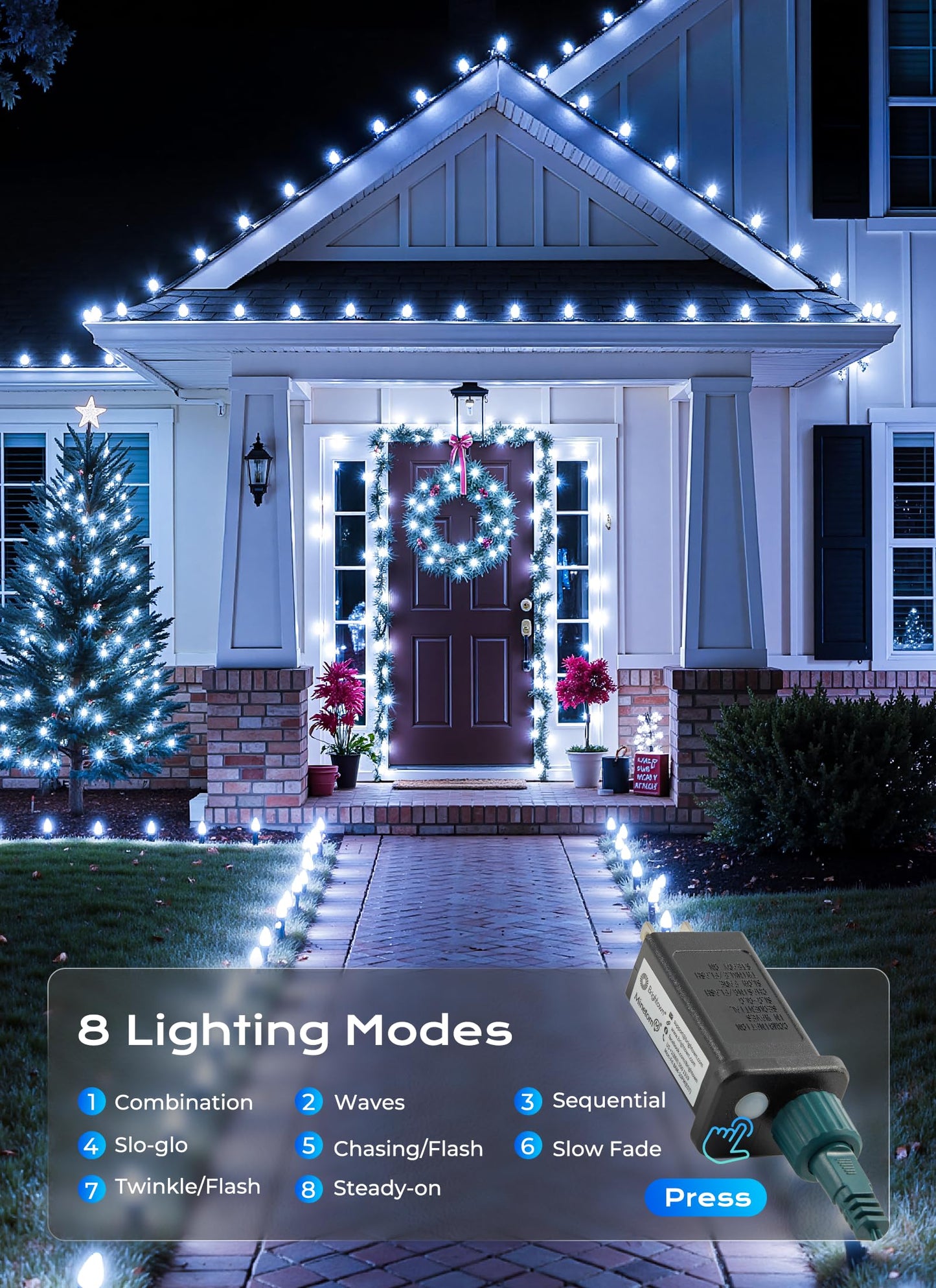 Minetom C9 Christmas Lights Outdoor  72 Ft 110 Led C9 String Lights  8 Modes & Timer Connectable Waterproof For Christmas Tree Light Indoor Outdoor Roofline Patio Outside Yard Xmas Decor  White
