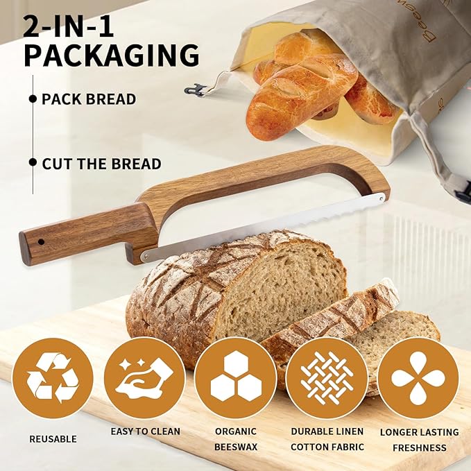 Reusable Beeswax Bread Bags with Bread Knife, 13x17'' Beeswax Bread Bags for Sourdough, Fruits, Vegetables (Natural)