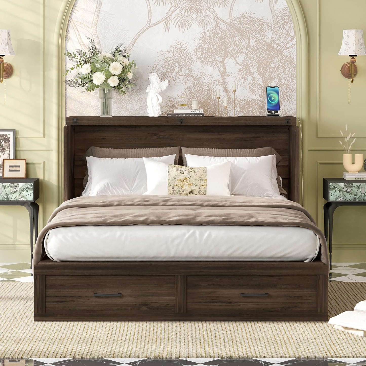 Merax Farmhouse Wood Murphy Bed Chest with Charging Station, Foldable Wall Platform Bed with Storage Drawer/Space Saving/Wood Slat Support/Queen, Gray