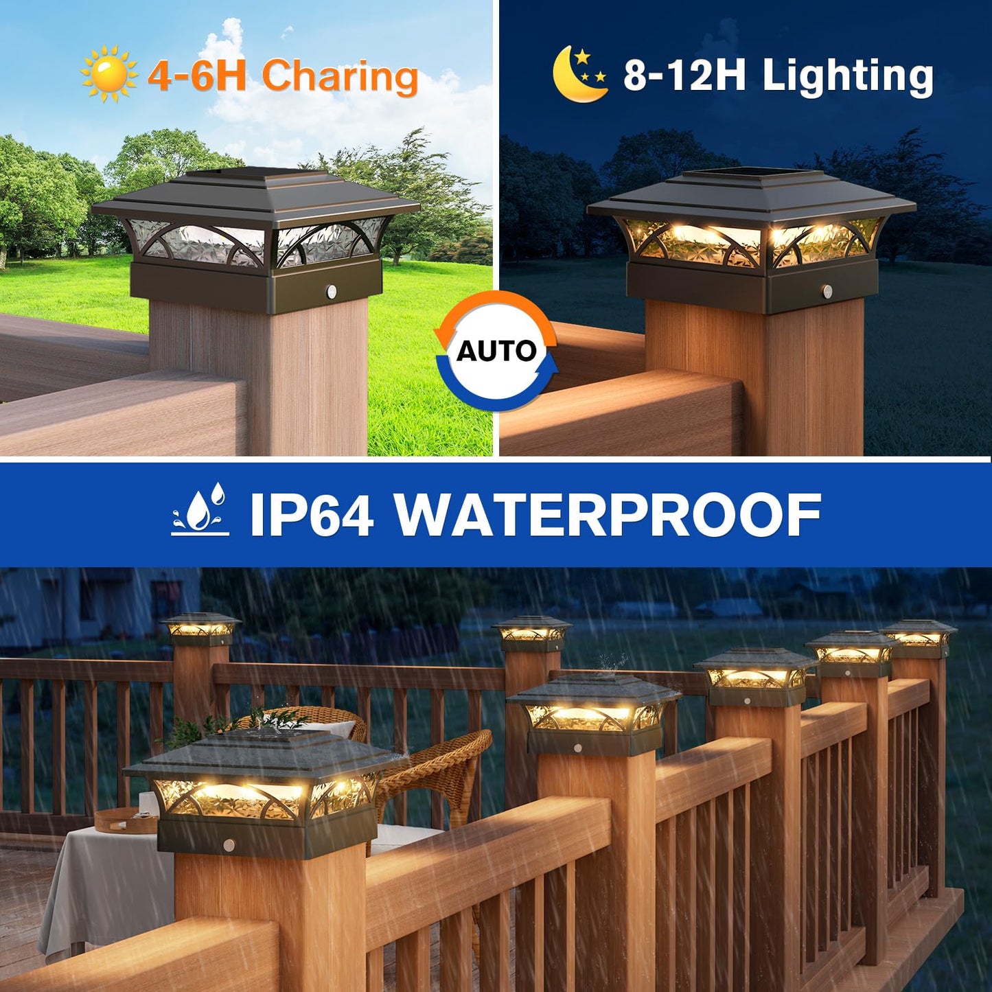 APONUO Solar Post Cap Lights - 16 Pack, Waterproof IP64, Auto On/Off, 4x4 5x5 6x6, Black, Model TZ21