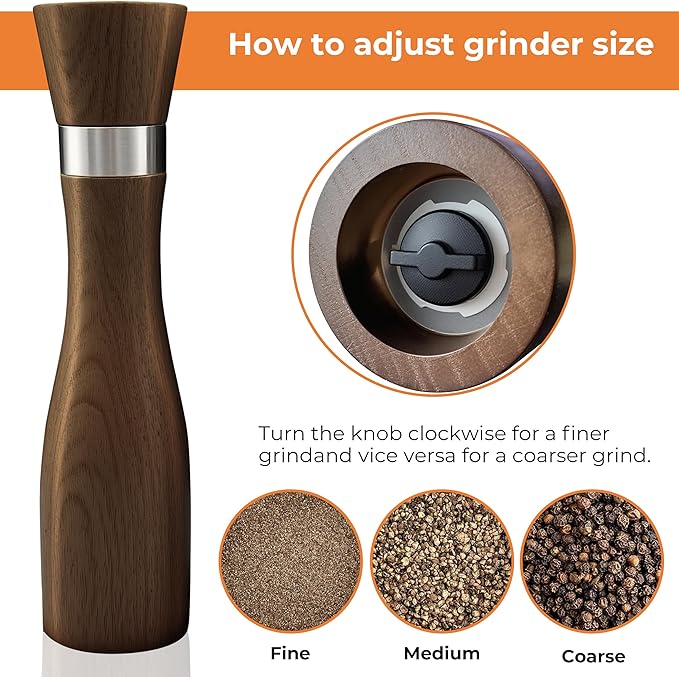 Solid Beech Wood Salt & Pepper Grinder 5PC Set, 9.25inch Manual Mills with Tray & Wooden Spoons, Adjustable Coarseness Ceramic Core,Refillable Non-Slip Base for Kitchen Countertop Dining Decor