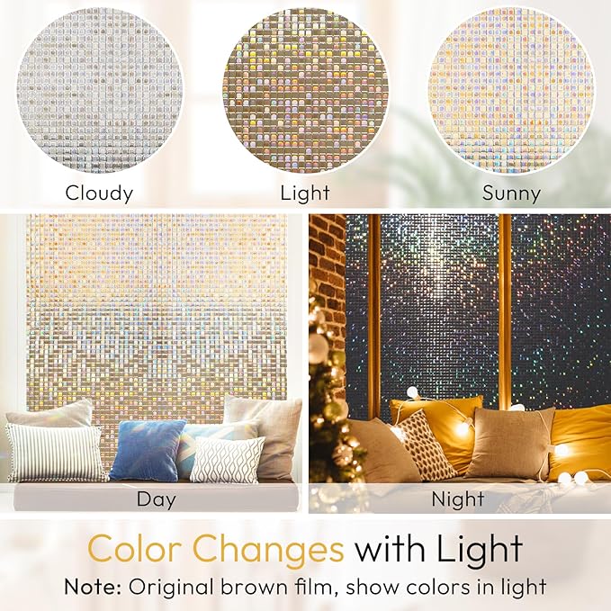 rabbitgoo Window Privacy Film Stained Glass Window Film, Mosaic Rainbow Decorative Glass Cling, Removable Static Cling Tint, Non-Adhesive Privacy Covering for Home, Brown, 11.8 x 78.7 inches