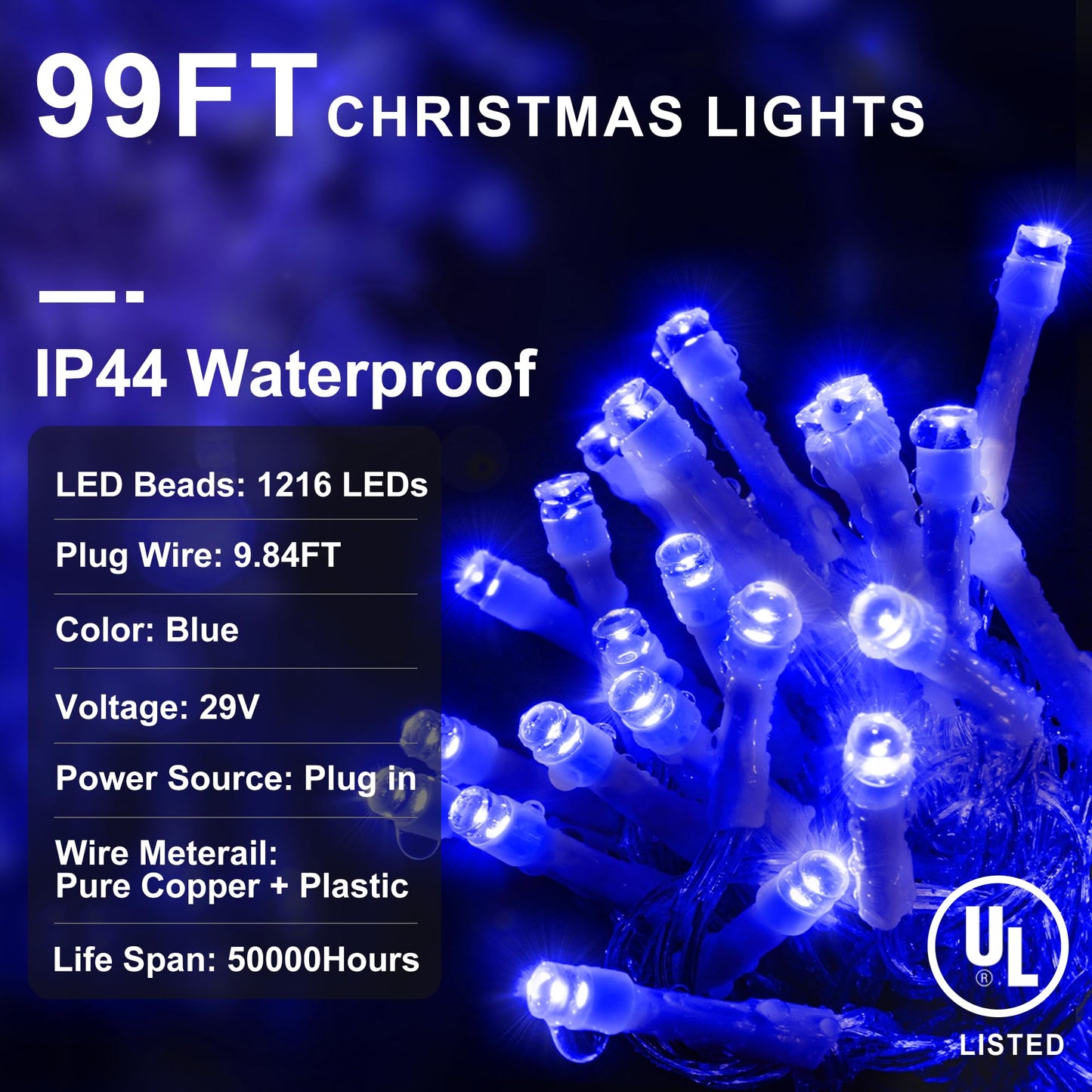 KNONEW Outdoor Decorative String Lights, 1216 LED, 99ft, 8 Modes, Clear Wire, Blue ??? Christmas, Wedding, and Holiday Decorations