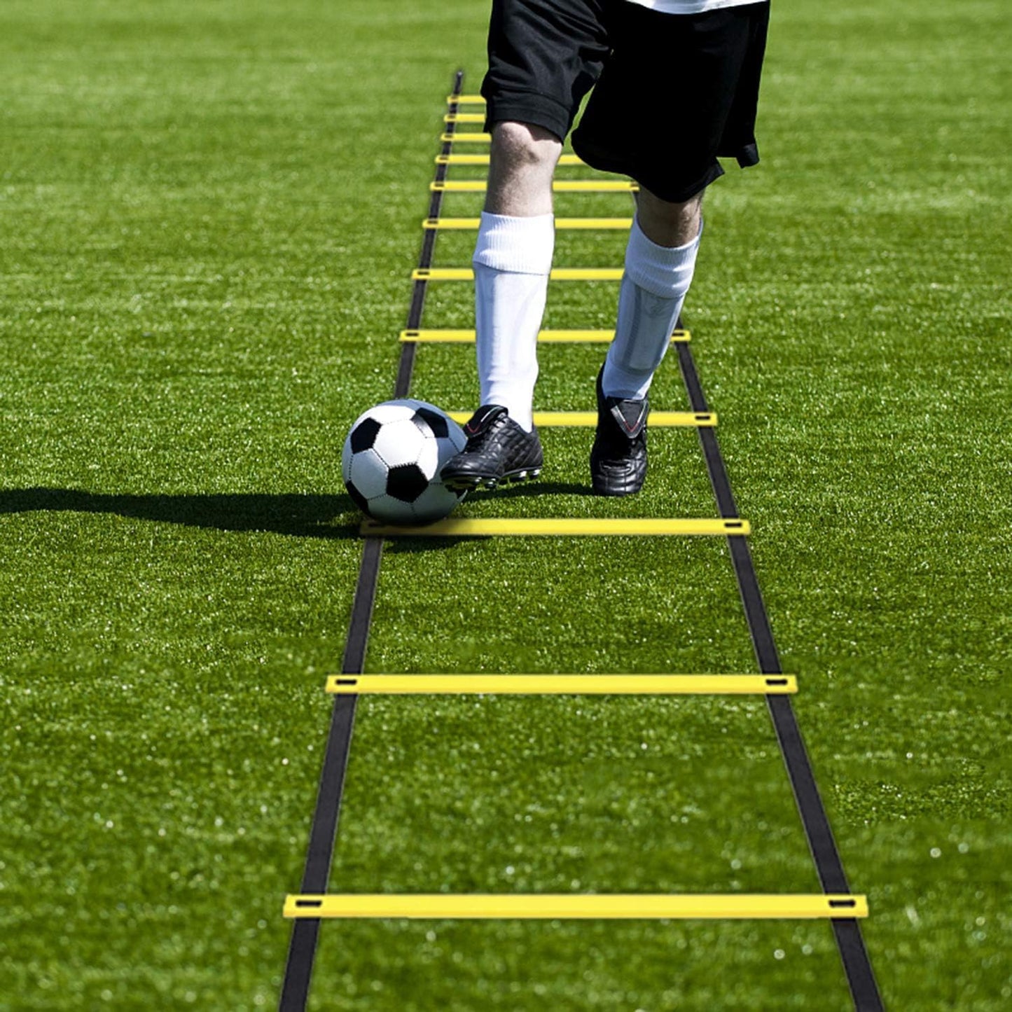 Pro Speed & Agility Training Set—Includes 12 Rung 20ft Adjustable Agility Ladder with Carrying Bag, 12 Disc Cones, 4 Steel Stakes, 1 Resistance Parachute, Use Equipment to Improve Footwork Any Sport
