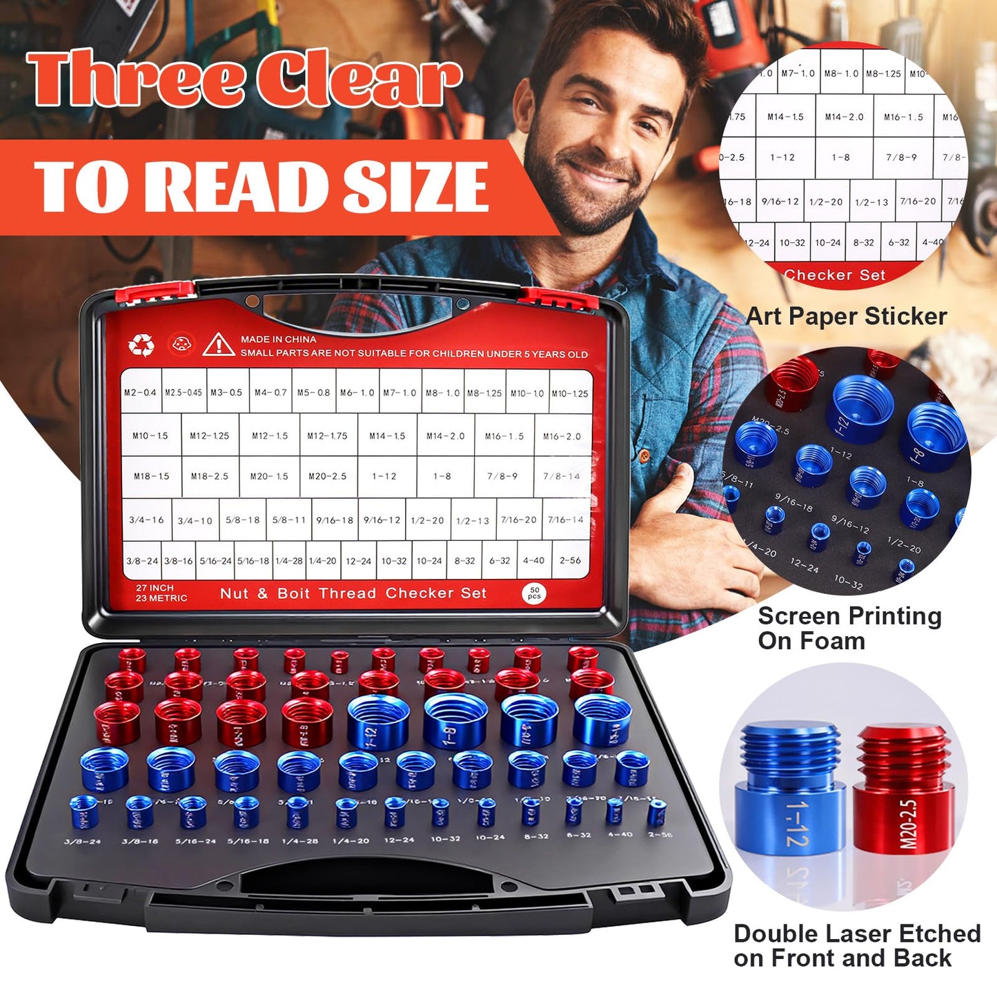 SBGGRL 50 Pcs Standard and Metric Nut Bolt Thread Checker Kit,Inch Size Gauges Finder Tool,Detachable Screw Identifier Thread Especially for Tread Fasteners Measuring