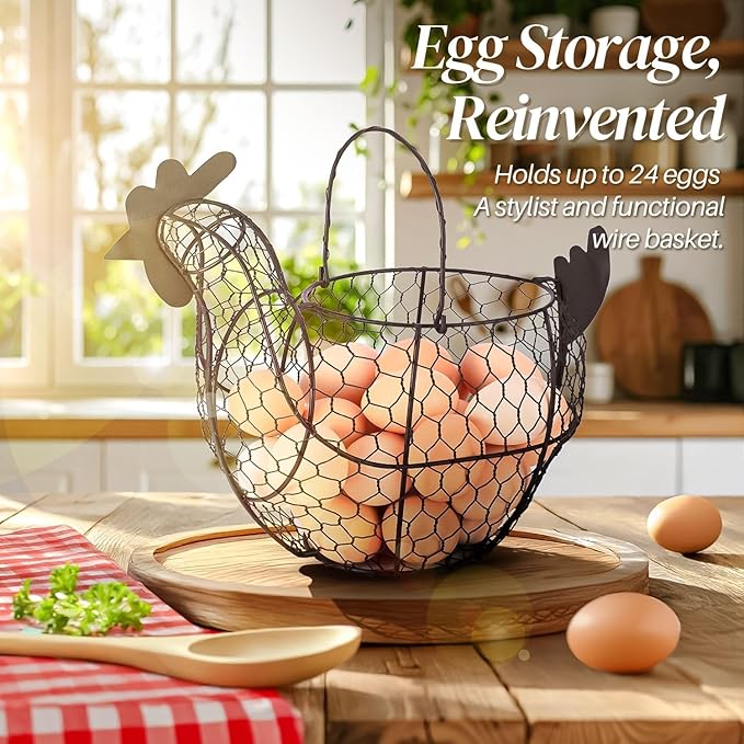 Flexzion Chicken Egg Basket for Collecting Eggs, Small Wire Egg Collecting Basket with Handle for Eggs, Fruits, Vegetables, Farmhouse Rustic Style Chicken Basket Decor for Kitchen Countertop, Brown