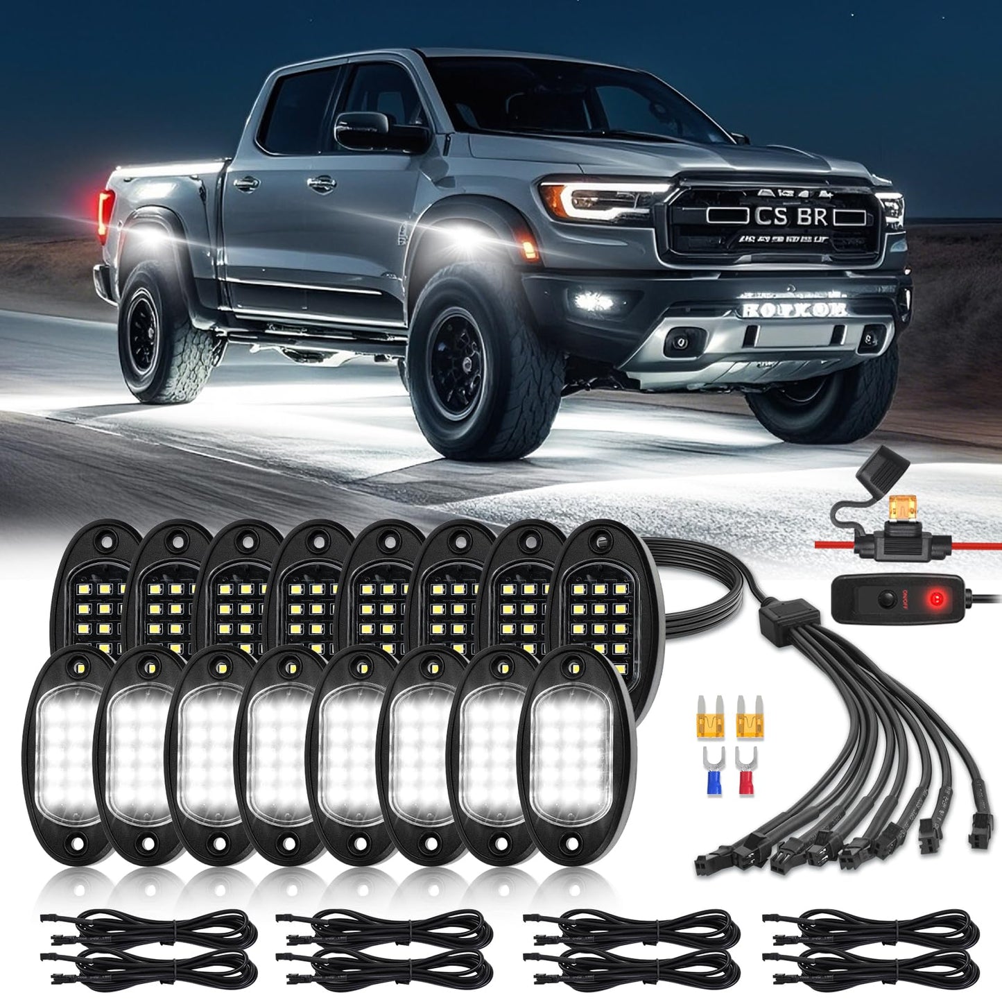16 Pods Pure White Led Rock Lights With Extension Wires  Ip67 Waterproof 6500K Super Bright White Underglow Kit For Semi Truck Sedans Trailer Offroad Pickup Rv Underbody Under Car Lighting