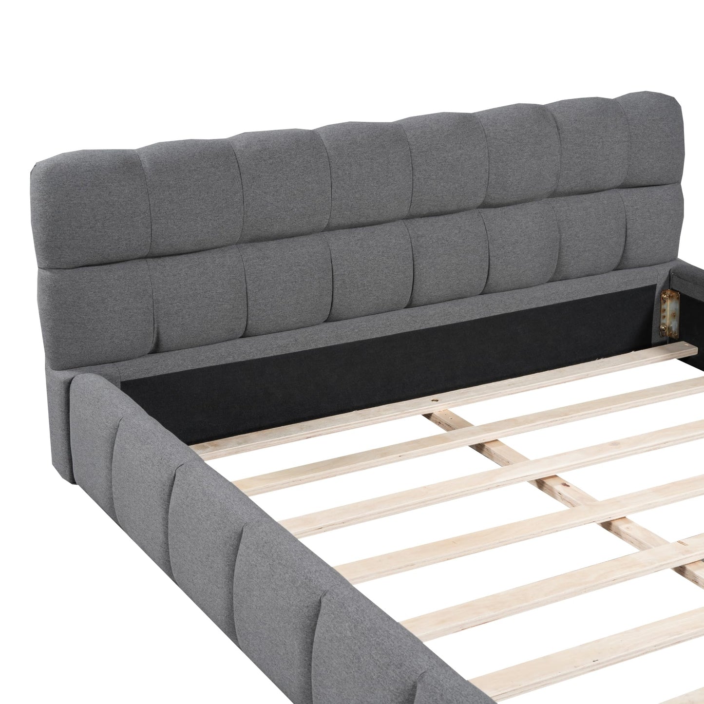 Merax Modern Tufted Plattform Bed Queen Linen Floor Bed Frame with Wingback No Box Spring Needed Gray